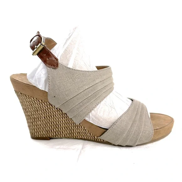 A2 By Aerosoles Shoes A2 Aerosoles May Plush Women Size Beige Taupe Canvas Pleated Wedge Sandal Poshmark